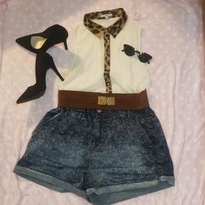 Sheer Cheetah Sleeveless Button-Down Top